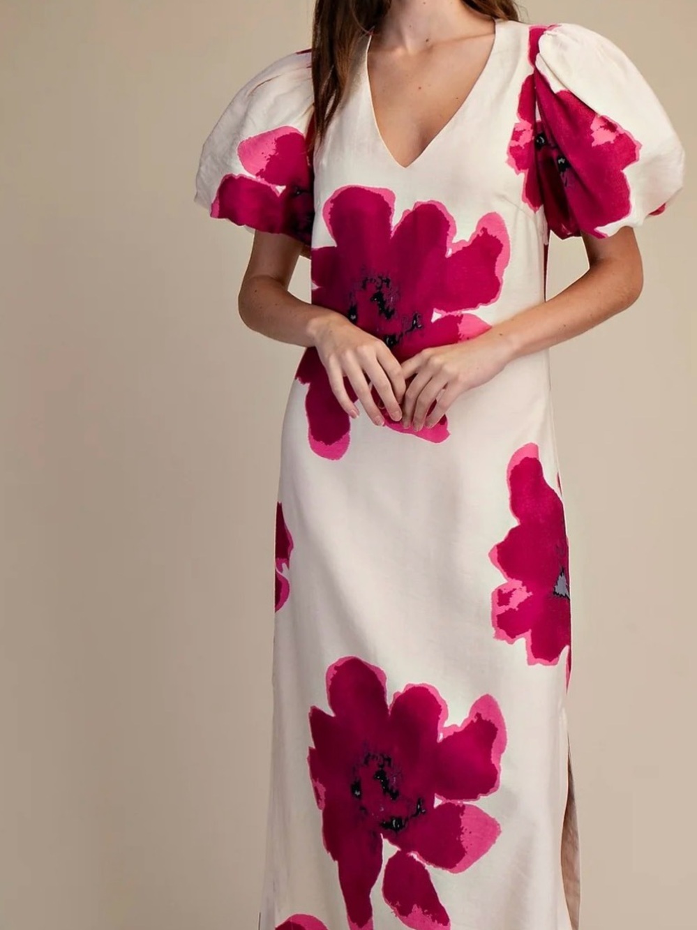 Glam PUFF-SLEEVE A-LINE MAXI DRESS FUCHSIA Large Floral Print Sz Med EC2 - Picture 8 of 8